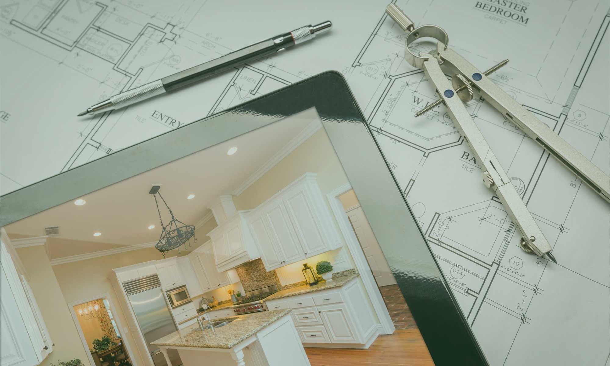 A tablet with an image of a kitchen on it.